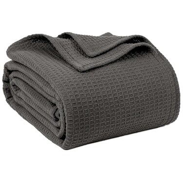 QUBA LINEN 100 Cotton Blankets for Bed Waffle Weave Blankets for Summer Lightweight and Breathable Soft Woven Blanket for Spring Dark Grey Queen 90 x 90