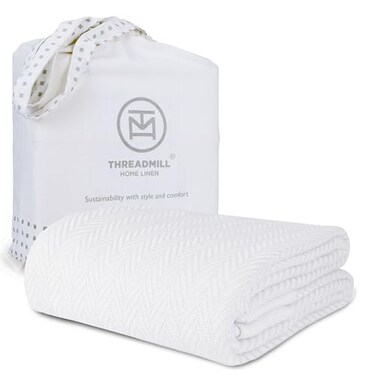 Threadmill Luxury Cotton Blankets for Twin Size Bed AllSeason 100 Cotton Twin Blanket for Bed Herringbone Soft Cozy Fall Thermal Blanket 350GSM 68x92 inches White