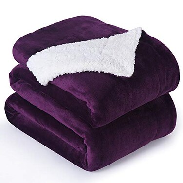 NANPIPER Bed Blanket Reversible Sherpa Flannel Blanket Super Soft Fuzzy Lightweight Fleece Microfiber 90x90 Purple Queen