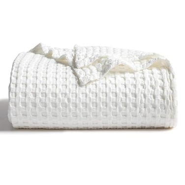 Bedsure Cooling Cotton Waffle Weave Throw Blanket Lightweight Breathable Blanket of Rayon Derived from Bamboo for Hot Sleepers Luxury Throws for Bed Couch and Sofa Ivory 50x70 Inches
