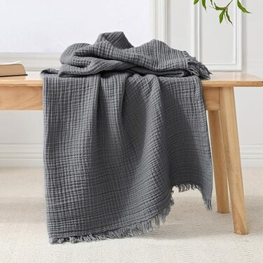 Esterra Muslin Throw Blanket 50x65 Inches Cozy Soft Lightweight PreWashed Cotton Blanket All Season Breathable 4Layer Gauze Blanket Throw for Sofa Couch Bed Dark Gray