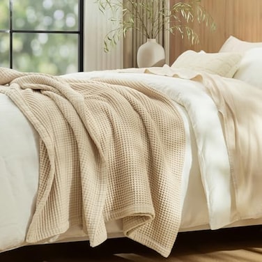 PHF 100 Cotton Waffle Muslin Blanket Queen Size Soft Breathable Luxury 400GSM Versatile Reversible Bedding for Bed Great for Layering in Cold Weather Home Decor Gift 90 x 90 French Oak