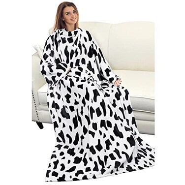 Catalonia Cow Print Wearable Blanket with Sleeves and Pocket Cozy Soft Fleece Mink Micro Plush Wrap Throws Blanket Robe for Women and Men