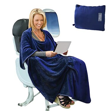 Tirrinia Travel Blanket Airplane Office Poncho 4 in 1 Premium Cozy Fleece Portable Poncho Blankets with Builtin Bag Pocket