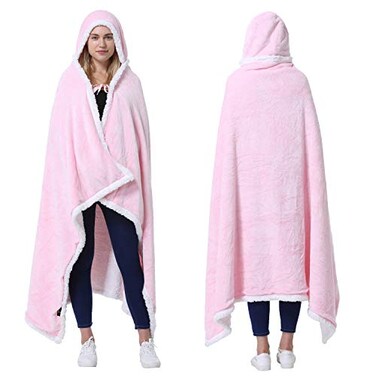 Catalonia Hooded Blanket Poncho Wearable Blanket Wrap with Hand Pockets Comfy Sherpa Fleece Throw Cape for Adults Women Gift