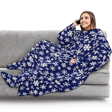 PAVILIA Fleece Blanket with Sleeves Foot Pockets for Women Men Adults Plush Wearable Blanket Throw Wrap Warm Snuggle Blanket Robe Cozy Gift Ideas Wife Mom Snowflake Blue