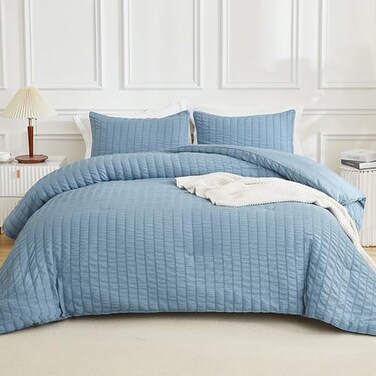 AveLom Seersucker Queen Comforter Set 90x90 Grayish Blue 3 Pieces Soft Microfiber Down Alternative Bedding