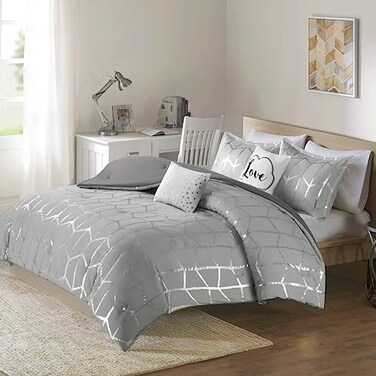 Intelligent Design Raina FullQueen Comforter Set Soft Microfiber Modern Geometric Metallic Bed Set 5 Pieces College Bedding with 2 Shams 2 Toss Pillows GreySilver