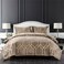 Sunshine Nicole Metallic Print Comforter Set Distressed Velvet Face with Metallic Print and Brushed Solid Microfiber Reverse with Light Weight Soft Poly Fill 3 Pieces Khaki Gold King