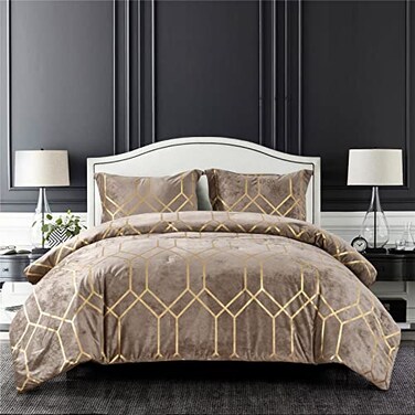Sunshine Nicole Metallic Print Comforter Set Distressed Velvet Face with Metallic Print and Brushed Solid Microfiber Reverse with Light Weight Soft Poly Fill 3 Pieces Khaki Gold King