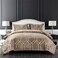 Sunshine Nicole Metallic Print Comforter Set Distressed Velvet Face with Metallic Print and Brushed Solid Microfiber Reverse with Light Weight Soft Poly Fill 3 Pieces Khaki Gold King