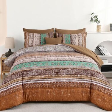Cottolester Boho Queen Comforter Set 8 Pieces Brown Bohemian Striped Bed in a Bag Paisley Soft Microfiber Bedding Comforter Set