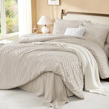 Litanika Queen Comforter Set with Sheets Beige 7 Pieces Bed in a Bag Queen Chevron Tufted Complete Bedding Sets with Comforter Sheets Pillowcases Shams