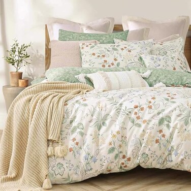 ALEISSEL Natural Cotton 3pcs Botanical Comforter Sets Queen SizeGreen Comforter with Red Blue FlowersGray Leaves on OffWhite Reversible Lightweight Bedding SetsFullQueen