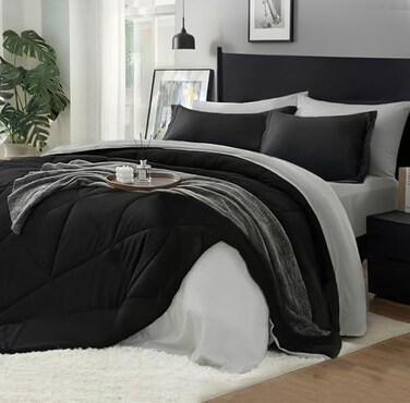 BEDELITE Queen Comforter Set 7 Pieces Bed in A Bag Soft Microfiber Reversible Black Bed Set with Comforters Sheets Pillowcases Shams Cozy Luxury Bedding Sets for All Season