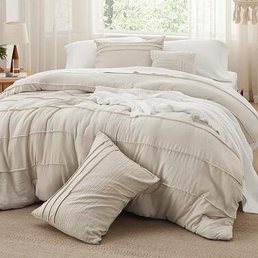 Bedsure California King Comforter Set 4 Pieces Pinch Pleat Bed Set Beige Boho Bedding for All Season 1 Soft Comforter 2 Pillowcases 1 Decorative Pillow