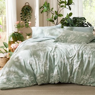 Bedsure California King Comforter Set 7 Pieces Floral Sage Green Bedding Sets Cal King Bed in a Bag with Botanical Flowers Comforter Sheets Pillowcases Shams