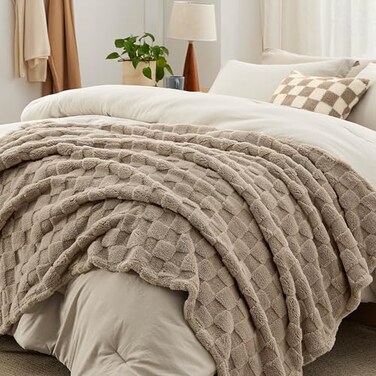 Bedsure Luxury Comforter Sets Queen 5 Pieces Boho Comforter Set Queen with Checkered Throw Blanket Decorative PillowSummer Comforter All Season Bedding Sets Linen Beige Brown