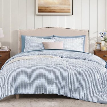 BLOOMHAVEN Queen Comforter Set 7 Pieces Blue Bedding Sets for All Seasons Lightweight Soft Bed in a Bag Queen with Revesible Farmhouse Comforter Sheets Pillowcases Shams
