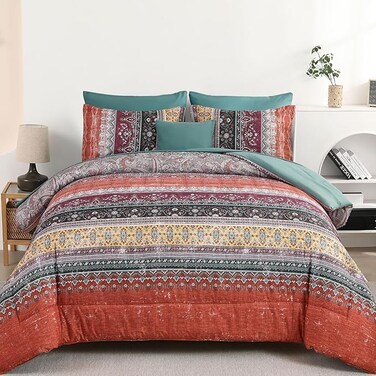Cottolester Boho Full Comforter Set 8 PiecesOrange and Green Bohemian Striped Bed in a Bag Paisley Soft Microfiber Bedding Comforter Set
