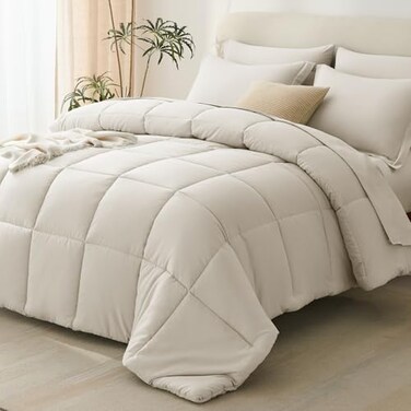 CozyLux Full Size Comforter Set Beige 7 Pieces Bed in a Bag Full OekoTex Certified Bed Set All Season Soft Bedding Set with Down Alternative Comforter Sheets Pillowcases Shams
