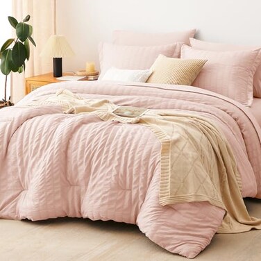 CozyLux Full Size Comforter Sets Blush Pink 7 Pieces Seersucker Textured Luxury Bed in a Bag All Seasons Soft Bedding Sets with Down Alternative Comforter Sheets Pillowcases Shams Home Gift