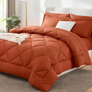 CozyLux King Size Comforter Set Burnt Orange 7 Pieces Bed in a Bag King Luxury Soft Bed Set for All Seasons Bedding Set with Down Alternative Comforter Sheets Pillowcases Shams Terracotta
