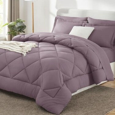 CozyLux King Size Comforter Set Dusty Purple 7 Pieces Bed in a Bag King Soft Bed Set for All Seasons Bedding Set with Down Alternative Comforter Sheets Pillowcases Shams Grayish Purple