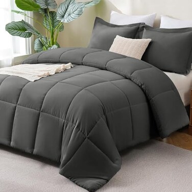CozyLux Queen Comforter Set 270GSM Dark Grey Bedding Sets for All Seasons 3 Pieces Box Stitched Bed Set with 1 Down Alternative Comforter and 2 Pillow Shams Soft Lightweight Breathable