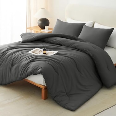 CozyLux Queen Comforter Set Dark Grey 3 Pieces Lightweight Comforters Queen Size Bedding Sets Dark Gray All Season Solid Down Alternative Comforter with 2 Pillowcases Soft Bed Set Gift for Home