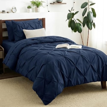 CozyLux Twin XL Comforter Set Navy Blue 5 Pieces Twin Extra Long Pintuck Bed in A Bag for College Dorm All Season Bed Set Gift Pinch Pleat Bedding Set with Comforter Sheets Pillowcase Sham