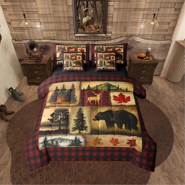Erosebridal Bear Cabin Plaid 7 Piece Comforter Set QueenRustic Farmhouse Bed in a BagRetro Hunting Deer BeddingCountry Woodland Pine Tree Quilt SetMaple Leaf Lodge Fitted SheetRed Black Brown