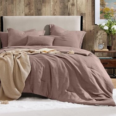 Geniospin Queen Comforter Set 7 Pieces Comforter Queen Size Soft Solid Bedding Set for All Season Textured Bed in a Bag with Sheets Pillowcases Shams Misty Rose 90x90