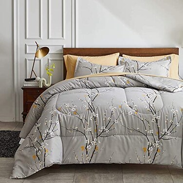 UOZZI BEDDING Gray Comforter Sheet Set Bed in a Bag 7 Pieces Queen Size Tree Branch Bloom Flower Spring Summer Bedding Set 1 Comforter 2 Pillow Shams 1 Tan Flat Sheet 1 Fitted Sheet 2 Pillowcases Quee