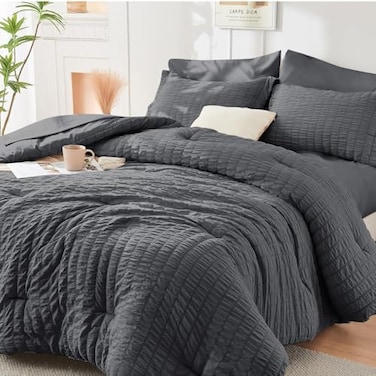 HYMOKEGE California King Comforter Set Seersucker 7 Pieces All Season Luxury Bed in a Bag for Bedroom Bedding Set with Comforters Sheets Pillowcases Shams Dark Grey