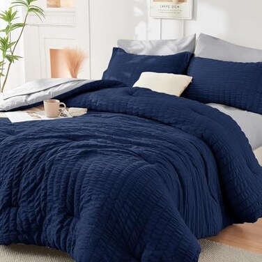HYMOKEGE Navy BlueLight Grey King Size Comforter Set Seersucker 7 Pieces All Season Luxury Bed in a Bag for Bedroom Bedding Set with Comforter Sheets Pillowcases Shams