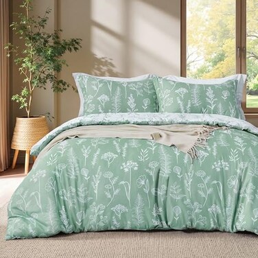 Joiedomi Floral Queen Comforter Set Sage Green Bedding Set 3 Pieces Queen Bed in a Bag with 1 Soft Reversible Botanical Flowers Comforter and 2 Pillow Shams