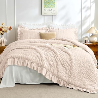 JOLLYVOGUE Beige Queen Comforter Set 3 Pieces Seersucker Comforters Queen Size Lightweight Fluffy Bedding Sets Queen for All Season with 1 Ruffle Comforter and 2 Ruffle Pillowshams
