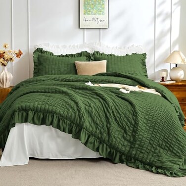 JOLLYVOGUE Dark Green Queen Comforter Set 3 Pieces Seersucker Comforters Queen Size Lightweight Fluffy Bedding Sets Queen for All Season with 1 Ruffle Comforter and 2 Ruffle Pillowshams
