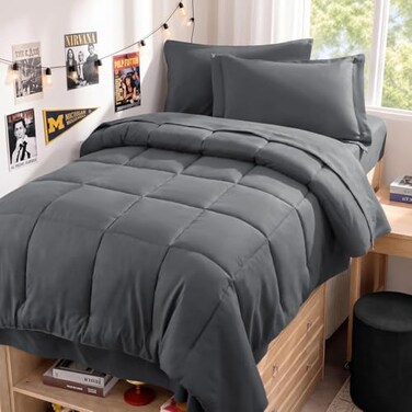 JOLLYVOGUE Twin Comforter Set UltraSoft Bed in a Bag Twin Size 5 Pieces OekoTEX Certified Bedding Set with Down Alternative Comforter Sheets Pillowcases Shams Dark Grey