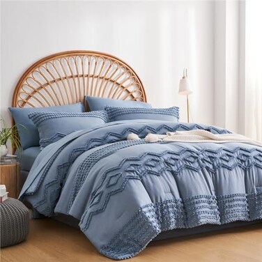 KAKIJUMN Blue Tufted Comforter Set King Size 7 Piece Bed in a Bag Shabby Chic Boho Comforter and Sheet Set Pom Pom Textured Bed Set All Season Soft Microfiber Complete Bedding SetBlueKing