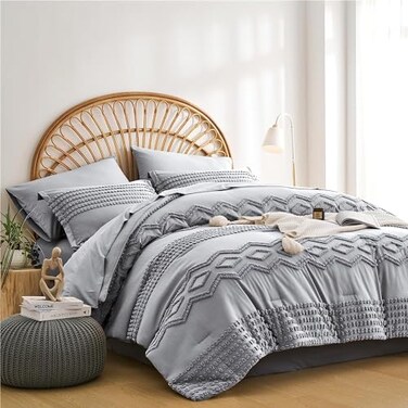 KAKIJUMN Grey Tufted Comforter Set Full Size 7 Piece Bed in a Bag Shabby Chic Boho Comforter and Sheet Set Pom Pom Textured Bed Set All Season Soft Microfiber Complete Bedding SetGreyFull