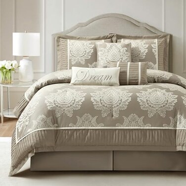 LANCO MODERN LIFESTYLE Beige Queen Comforter Set 7 Pieces Jacquard Woven with Damask Bedding Set in a Bag Includes Comforter Bed Skirt Pillow Shams and Decorative Pillows