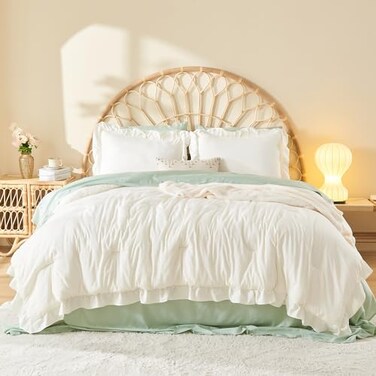 Litanika Full Comforter Set Ivory 3 Pieces Beige Ruffle Farmhouse Aesthetic Bedding Comforter Set Lightweight Fluffy Microfiber Bed Set 79x90In Comforter 2 Pillowcases