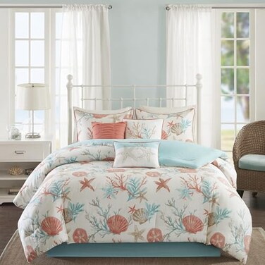 Madison Park 100 Cotton Comforter Set Coastal Coral Starfish Design All Season Down Alternative Cozy Bedding with Matching Shams Decorative Pillow Queen90x90 Teal 7 Piece