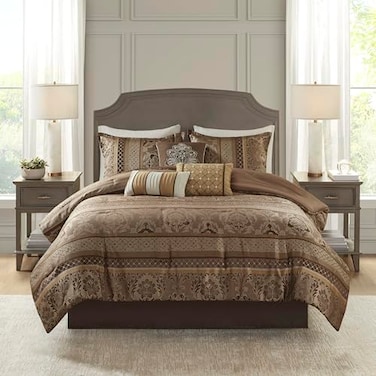 Madison Park Bellagio Cozy Comforter Set Luxurious Jaquard Traditional Damask Design All Season Down Alternative Bedding with Matching Shams Decorative Pillow King104x92 BrownGold 7 Piece