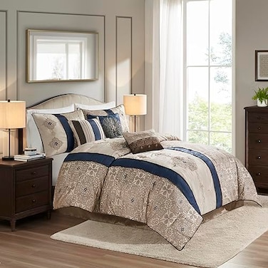 Madison Park Comforter Faux SilkTraditional Luxurious Jacquard Design All Season Set Matching Bed Skirt Decorative Pillows Cal King104x92 Navy 7 Piece