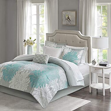 Madison Park Essentials Maible Cozy Bed in A Bag Comforter with Complete Cotton Sheet SetFloral Medallion Damask Design All Season Cover Decorative Pillow Cal King104x92 Floral Aqua 9 Piece