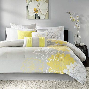 Madison Park Lola Sateen Cotton Comforter SetCasual Medallion Floral Design All Season Down Alternative Bedding Shams Bedskirt Decorative Pillows King GreyYellow 7 Piece