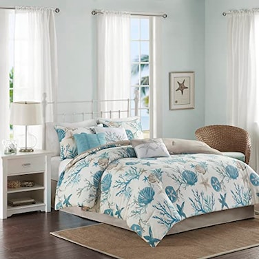 Madison Park Pebble Beach 100 Cotton Comforter Set Coastal Coral Starfish Design All Season Down Alternative Cozy Bedding with Matching Shams Decorative Pillow Queen90x90 Aqua 7 Piece
